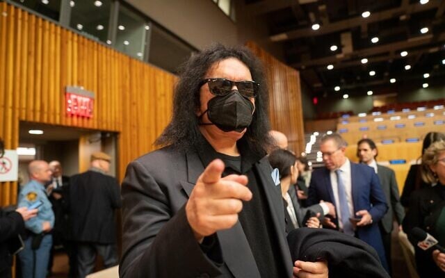 Kiss frontman Gene Simmons at the United Nations in New York, January 26, 2023. (Luke Tress/Times of Israel) Kiss frontman Gene Simmons at the United Nations in New York, January 26, 2023. (Luke Tress/Times of Israel)