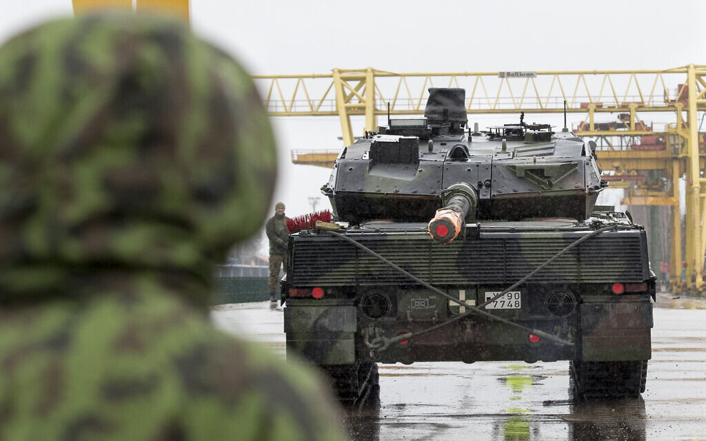 Illustrative: A German army Leopard 2 tank is seen at the Sestokai railway station some 175 kms (109 miles) west of the capital Vilnius, Lithuania, February 23, 2017. (AP Photo/Mindaugas Kulbis) Illustrative: A German army Leopard 2 tank is seen at the Sestokai railway station some 175 kms (109 miles) west of the capital Vilnius, Lithuania, February 23, 2017. (AP Photo/Mindaugas Kulbis)