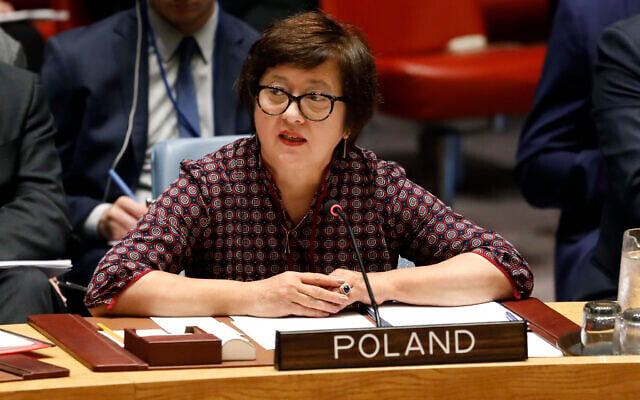 Joanna Wronecka, then Poland's UN ambassador, addresses the United Nations Security Council at UN headquarters in New York, September 17, 2018. (AP Photo/Richard Drew)