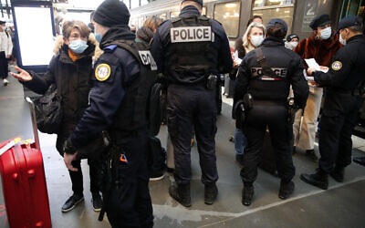 Illustrative: French police officers at Gare du Nord station in Paris, February 1, 2021. (Francois Mori/AP)
