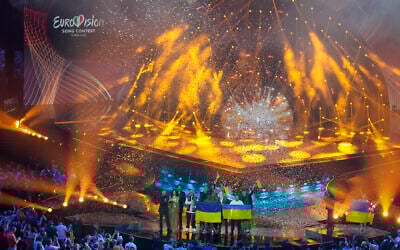 Kalush Orchestra from Ukraine stand on the stage after winning the Grand Final of the Eurovision Song Contest at Palaolimpico arena, in Turin, Italy, May 15, 2022. (AP Photo/Luca Bruno)