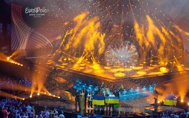 Kalush Orchestra from Ukraine stand on the stage after winning the Grand Final of the Eurovision Song Contest at Palaolimpico arena, in Turin, Italy, May 15, 2022. (AP Photo/Luca Bruno) Kalush Orchestra from Ukraine stand on the stage after winning the Grand Final of the Eurovision Song Contest at Palaolimpico arena, in Turin, Italy, May 15, 2022. (AP Photo/Luca Bruno)