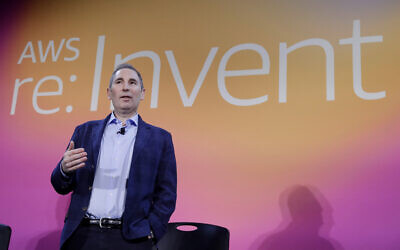 Then-Amazon Web Services CEO Andy Jassy discusses a new initiative with the NFL in Las Vegas, on December 5, 2019. (Isaac Brekken/AP Images for NFL, File)