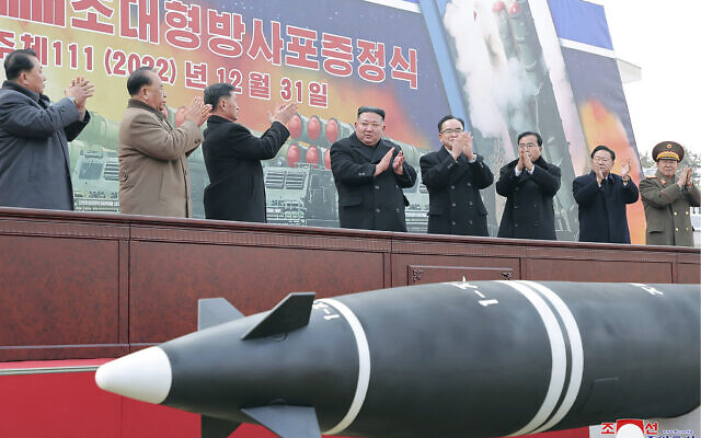 In this photo provided by the North Korean government, North Korean leader Kim Jong Un, center, attends a ceremony of donating 600mm super-large multiple launch rocket system at a garden of the Workers’ Party of Korea headquarters in Pyongyang, North Korea, December 31, 2022. (Korean Central News Agency/Korea News Service via AP) In this photo provided by the North Korean government, North Korean leader Kim Jong Un, center, attends a ceremony of donating 600mm super-large multiple launch rocket system at a garden of the Workers’ Party of Korea headquarters in Pyongyang, North Korea, December 31, 2022. (Korean Central News Agency/Korea News Service via AP)