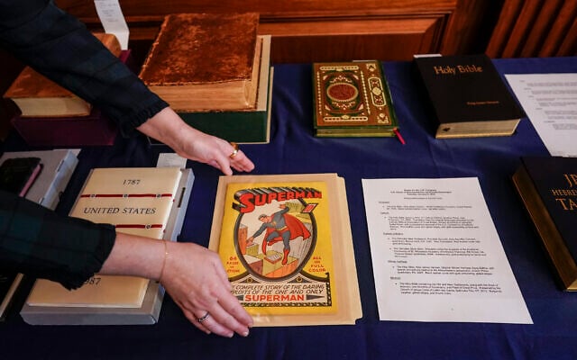 A first edition Superman comic from 1939 is placed with copies of the US Constitution and a variety of holy books for use in the swearing-in ceremonies of new US House members, at the Capitol in Washington, January 3, 2023, the opening day of the 118th Congress. (AP/J. Scott Applewhite) A first edition Superman comic from 1939 is placed with copies of the US Constitution and a variety of holy books for use in the swearing-in ceremonies of new US House members, at the Capitol in Washington, January 3, 2023, the opening day of the 118th Congress. (AP/J. Scott Applewhite)