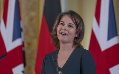 German Foreign Minister Annalena Baerbock attends a press conference at Lancaster House, in London, January 5, 2023. (Kin Cheung/AP)