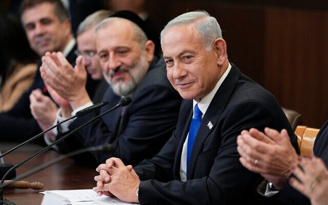 Newly sworn-in Prime Minister Benjamin Netanyahu attends a cabinet meeting in Jerusalem, December 29, 2022. (AP Photo/Ariel Schalit, Pool, File) Newly sworn-in Prime Minister Benjamin Netanyahu attends a cabinet meeting in Jerusalem, December 29, 2022. (AP Photo/Ariel Schalit, Pool, File)