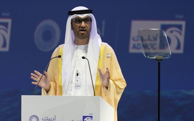 Emirati Minister of State, CEO of Abu Dhabi's state-run Abu Dhabi National Oil Co. Sultan Ahmed al-Jaber talks at the Abu Dhabi International Petroleum Exhibition & Conference in Abu Dhabi, United Arab Emirates, October 31, 2022. (Kamran Jebreili/AP)