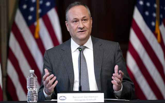 FILE - Doug Emhoff, the husband of US Vice President Kamala Harris, speaks during a roundtable discussion with Jewish leaders about the rise in antisemitism and efforts to fight hate in the United States, at the White House Campus in Washington, December 7, 2022. (Patrick Semansky/AP) FILE - Doug Emhoff, the husband of US Vice President Kamala Harris, speaks during a roundtable discussion with Jewish leaders about the rise in antisemitism and efforts to fight hate in the United States, at the White House Campus in Washington, December 7, 2022. (Patrick Semansky/AP)