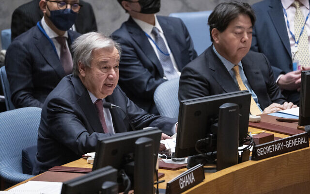 United Nations Secretary General Antonio Guterres, left, speaks alongside Hayashi Yoshimasa, Minister for Foreign Affairs of Japan, during a Security Council meeting, Thursday, January 12, 2023, at United Nations headquarters. (AP Photo/John Minchillo) United Nations Secretary General Antonio Guterres, left, speaks alongside Hayashi Yoshimasa, Minister for Foreign Affairs of Japan, during a Security Council meeting, Thursday, January 12, 2023, at United Nations headquarters. (AP Photo/John Minchillo)