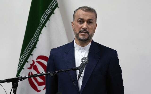 Iranian Foreign Minister Hossein Amirabdollahian speaks to journalists during a joint press conference with his Lebanese counterpart Abdallah Bouhabib in Beirut, Lebanon, Friday, January 13, 2023. (AP Photo/Bilal Hussein) Iranian Foreign Minister Hossein Amirabdollahian speaks to journalists during a joint press conference with his Lebanese counterpart Abdallah Bouhabib in Beirut, Lebanon, Friday, January 13, 2023. (AP Photo/Bilal Hussein)