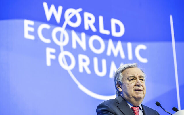 United Nations Secretary-General Antonio Guterres speaks during the 53rd annual meeting of the World Economic Forum, WEF, in Davos, Switzerland, Wednesday, January 18, 2023. (Gian Ehrenzeller/Keystone via AP) United Nations Secretary-General Antonio Guterres speaks during the 53rd annual meeting of the World Economic Forum, WEF, in Davos, Switzerland, Wednesday, January 18, 2023. (Gian Ehrenzeller/Keystone via AP)