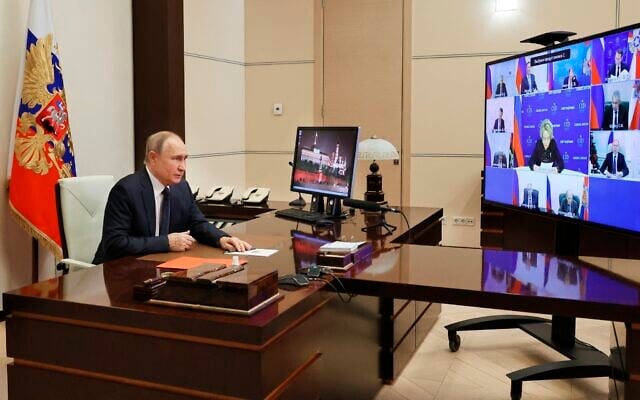 Russian President Vladimir Putin chairs a Security Council meeting via videoconference at the Novo-Ogaryovo residence outside Moscow, Russia, Friday, January 20, 2023. (Mikhail Klimentyev, Sputnik, Kremlin Pool Photo via AP) Russian President Vladimir Putin chairs a Security Council meeting via videoconference at the Novo-Ogaryovo residence outside Moscow, Russia, Friday, January 20, 2023. (Mikhail Klimentyev, Sputnik, Kremlin Pool Photo via AP)
