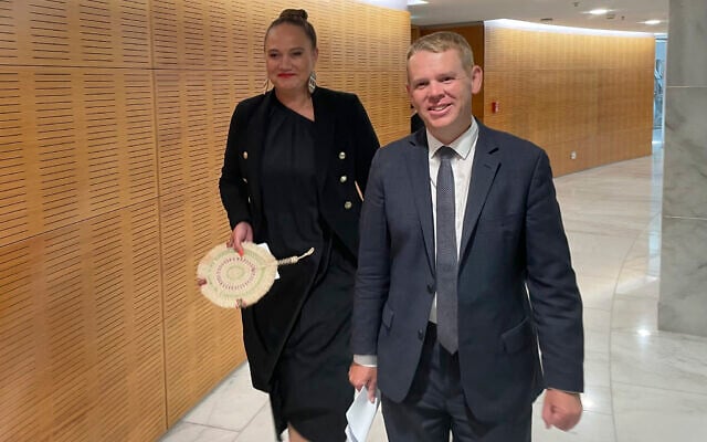 Incoming New Zealand prime minister Chris Hipkins (right) and his incoming deputy Carmel Sepuloni arrive for a press conference at Parliament in Wellington, January 22, 2023. (AP/Nick Perry) Incoming New Zealand prime minister Chris Hipkins (right) and his incoming deputy Carmel Sepuloni arrive for a press conference at Parliament in Wellington, January 22, 2023. (AP/Nick Perry)
