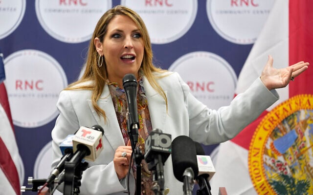 Republican National Committee chairman Ronna McDaniel speaks during a Get Out To Vote rally in Tampa, Florida, October 18, 2022. (Chris O'Meara/AP) Republican National Committee chairman Ronna McDaniel speaks during a Get Out To Vote rally in Tampa, Florida, October 18, 2022. (Chris O'Meara/AP)