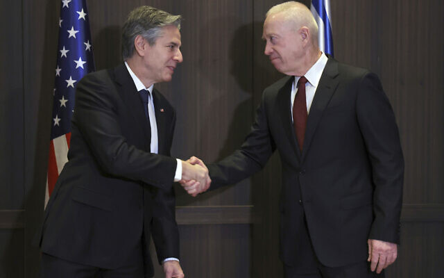 US Secretary of State Antony Blinken, left, shakes hands with Defense Minister Yoav Gallant in Jerusalem, Jan. 31, 2023. (Ronaldo Schemidt/Pool Photo via AP) US Secretary of State Antony Blinken, left, shakes hands with Defense Minister Yoav Gallant in Jerusalem, Jan. 31, 2023. (Ronaldo Schemidt/Pool Photo via AP)