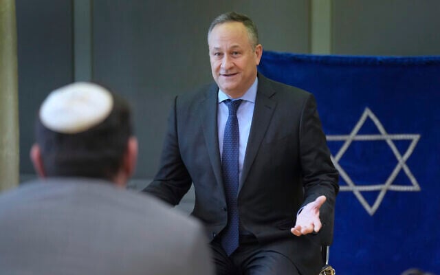 The Second Gentleman of the United States, Douglas Emhoff, the husband of US Vice President Kamla Harris, gestures as he meets refugees from Ukraine during a visit of the 'Neue Synagoge' (New Synagogue) in Berlin, Germany, January 31, 2023. (Michael Sohn/AP)