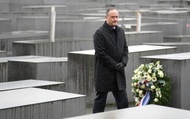 Doug Emhoff, the husband of US Vice President Kamala Harris, stands between concrete steles after a wreath laying ceremony as part of his visit at the 'Memorial to the Murdered Jews of Europe' in Berlin, Germany, January 31, 2023. (Michael Sohn/AP) Doug Emhoff, the husband of US Vice President Kamala Harris, stands between concrete steles after a wreath laying ceremony as part of his visit at the 'Memorial to the Murdered Jews of Europe' in Berlin, Germany, January 31, 2023. (Michael Sohn/AP)