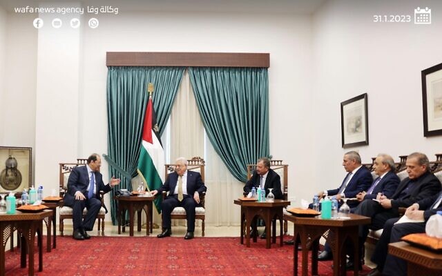 Palestinian Authority President Mahmoud Abbas meets with the intelligence chiefs of Egypt and Jordan, in the West Bank city of Ramallah, January 31, 2023. (Wafa) Palestinian Authority President Mahmoud Abbas meets with the intelligence chiefs of Egypt and Jordan, in the West Bank city of Ramallah, January 31, 2023. (Wafa)