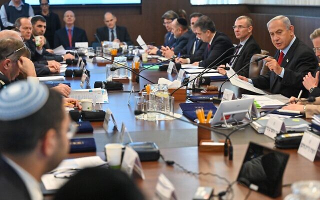 Prime Minister Benjamin Netanyahu leads the weekly cabinet meeting at the Prime Minister's Office in Jerusalem, January 22, 2022. (Kobi Gideon/GPO) Prime Minister Benjamin Netanyahu leads the weekly cabinet meeting at the Prime Minister's Office in Jerusalem, January 22, 2022. (Kobi Gideon/GPO)