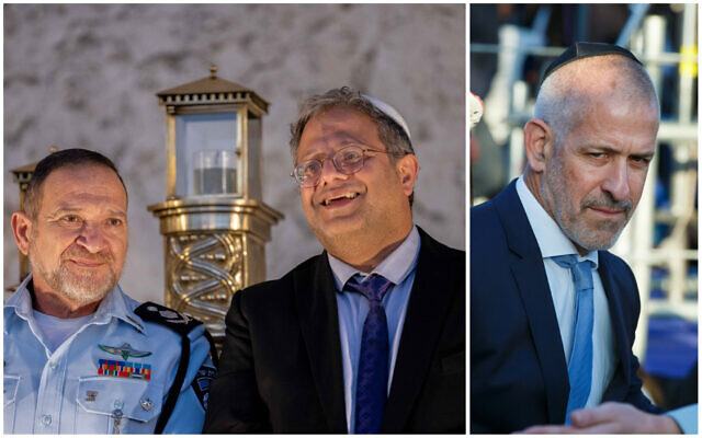 (From L-R) Police commissioner Kobi Shabtai, National Security Minister Itamar Ben Gvir and Shin Bet chief Ronen Bar. (Collage/Flash90) (From L-R) Police commissioner Kobi Shabtai, National Security Minister Itamar Ben Gvir and Shin Bet chief Ronen Bar. (Collage/Flash90)
