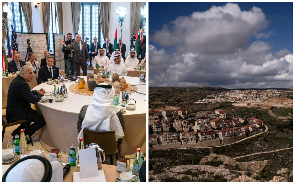 The opening roundtable at the Negev Summit in Sde Boker on March 28, 2022; A general view of the West Bank settlement of Efrat on March 10, 2022. (AP/Jacquelyn Martin/Maya Alleruzzo) The opening roundtable at the Negev Summit in Sde Boker on March 28, 2022; A general view of the West Bank settlement of Efrat on March 10, 2022. (AP/Jacquelyn Martin/Maya Alleruzzo)