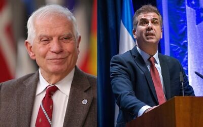 Composite image: On left, European Union foreign policy chief Josep Borrell arrives for the EU-ASEAN summit in Brussel, December 14, 2022; On right, Foreign Minister Eli Cohen  at a ceremony at the Ministry of Foreign Affairs in Jerusalem, January 2, 2023. (AP Photo/Olivier Matthys; Olivier Fitoussi/Flash90)