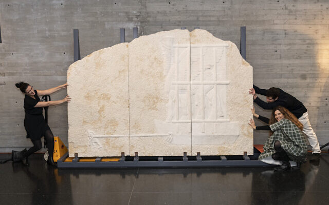 Curator Tali Sharvit (from left) with artist Zohar Gotesman and co-curator Sally Haftel Naveh clown around next to the first of seven contemporary art sculptures inspired by the Israel Museum's archaeology wing. (© Israel Museum, Jerusalem, by Zohar Shemesh)