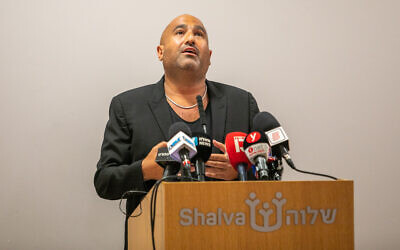 Beitar Jerusalem owner Barak Abramov holds a press conference in Jerusalem, on August 22, 2022. (Oren Ben Hakoon/Flash90)
