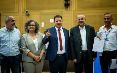 Members of the Joint List alliance register their party for approaching elections at the Knesset, in Jerusalem, on September 15, 2022. (Yonatan Sindel/Flash90)