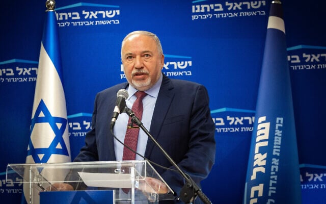 Yisrael Beytenu party chairman Avigdor Liberman speaks during a faction meeting at the Knesset, December 12, 2022. (Yonatan Sindel/Flash90) Yisrael Beytenu party chairman Avigdor Liberman speaks during a faction meeting at the Knesset, December 12, 2022. (Yonatan Sindel/Flash90)