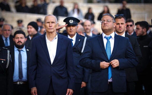 Incoming Minister of National Security Itamar Ben Gvir (right) and his predecessor Omer Barlev at a handover ceremony at the National Security Ministry in Jerusalem on January 1, 2023. (Olivier Fitoussi/Flash90) Incoming Minister of National Security Itamar Ben Gvir (right) and his predecessor Omer Barlev at a handover ceremony at the National Security Ministry in Jerusalem on January 1, 2023. (Olivier Fitoussi/Flash90)