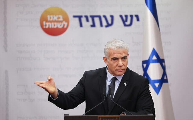 Opposition Leader Yair Lapid speaks during a Yesh Atid faction meeting at the Knesset in Jerusalem, January 2, 2023. (Yonatan Sindel/Flash90) Opposition Leader Yair Lapid speaks during a Yesh Atid faction meeting at the Knesset in Jerusalem, January 2, 2023. (Yonatan Sindel/Flash90)
