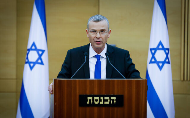 Justice Minister Yariv Levin holds a press conference at the Knesset, the Israeli parliament in Jerusalem, on January 4, 2023. (Olivier Fitoussi/Flash90) Justice Minister Yariv Levin holds a press conference at the Knesset, the Israeli parliament in Jerusalem, on January 4, 2023. (Olivier Fitoussi/Flash90)