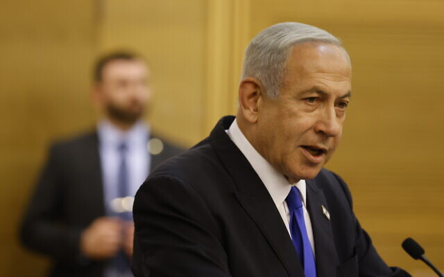 Prime Minister Benjamin Netanyahu speaks at the outset of Likud's Knesset faction meeting, January 16, 2023. (Olivier Fitoussi/Flash90) Prime Minister Benjamin Netanyahu speaks at the outset of Likud's Knesset faction meeting, January 16, 2023. (Olivier Fitoussi/Flash90)