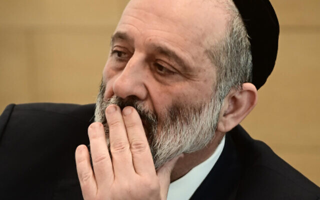 Shas leader Aryeh Deri at a meeting of the healthcare basket committee, at Sheba Medical Center in Ramat Gan, on January 18, 2023 (Tomer Neuberg/Flash90)