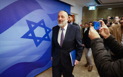 Aryeh Deri arrives for the weekly cabinet meeting at the Prime Minister's Office in Jerusalem, January 22, 2023. (Olivier Fitoussi/Flash90) Aryeh Deri arrives for the weekly cabinet meeting at the Prime Minister's Office in Jerusalem, January 22, 2023. (Olivier Fitoussi/Flash90)
