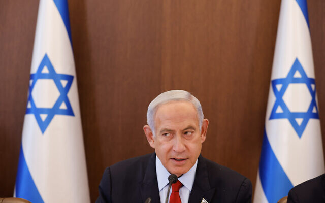 Prime Minister Benjamin Netanyahu leads the weekly cabinet meeting at the Prime Minister's Office in Jerusalem, January 22, 2023. (Olivier Fitoussi/Flash90) Prime Minister Benjamin Netanyahu leads the weekly cabinet meeting at the Prime Minister's Office in Jerusalem, January 22, 2023. (Olivier Fitoussi/Flash90)