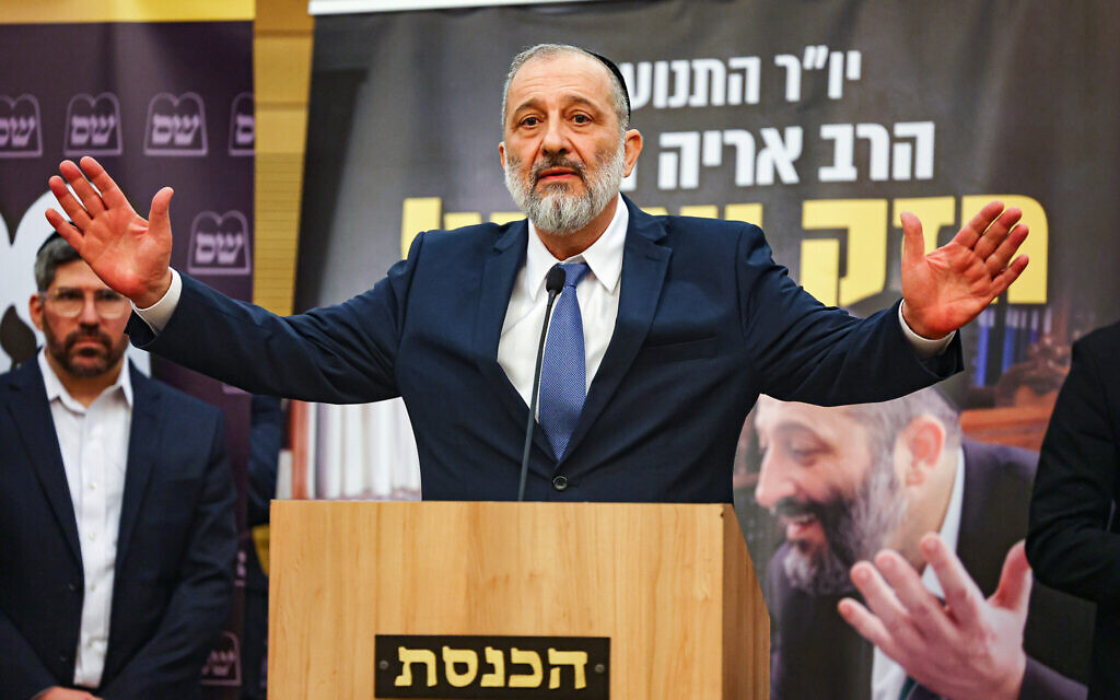 Aryeh Deri speaks during a Shas party faction meeting at the Knesset in Jerusalem, on January 23, 2023. (Yonatan Sindel/Flash90)