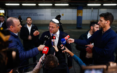 National Security Minister Itamar Ben Gvir speaks to the press at Jerusalem's Shaare Tzedek hospital on January 28, 2023 (Courtesy Olivier Fitoussi/Flash90)