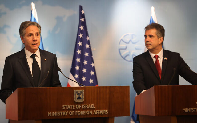 Foreign Minister Eli Cohen (right) and US Secretary of State Antony Blinken hold a press conference at the Foreign Ministry in Jerusalem, January 30, 2023. (Yonatan Sindel/Flash90) Foreign Minister Eli Cohen (right) and US Secretary of State Antony Blinken hold a press conference at the Foreign Ministry in Jerusalem, January 30, 2023. (Yonatan Sindel/Flash90)