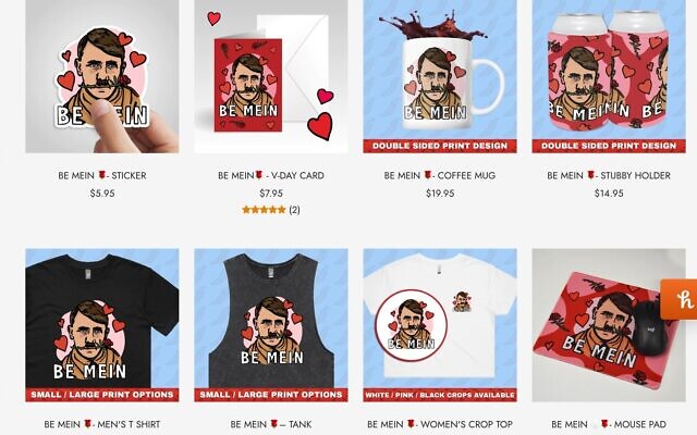 An undated screenshot showing some of the Valentine's Day products bearing Hitler's image that were listed and later removed from the website of Australian company Spicy Baboon. (Anti-Defamation Commission) An undated screenshot showing some of the Valentine's Day products bearing Hitler's image that were listed and later removed from the website of Australian company Spicy Baboon. (Anti-Defamation Commission)