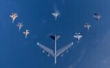 Israeli and American fighter jets fly alongside an American B-52 bomber over the Mediterranean Sea during the Juniper Oak 2023 drill, January 25, 2023. (CENTCOM)
