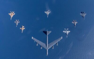 Israeli and American fighter jets fly alongside an American B-52 bomber over the Mediterranean Sea during the Juniper Oak 2023 drill, January 25, 2023. (CENTCOM)