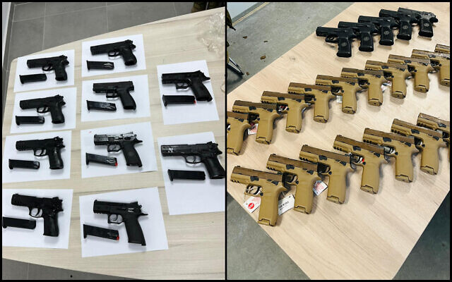 Weapons seized by security forces after alleged gun-smuggling incidents over the border with Jordan on January 8 and 5, 2023. (Israel Police; Israel Defense Forces) Weapons seized by security forces after alleged gun-smuggling incidents over the border with Jordan on January 8 and 5, 2023. (Israel Police; Israel Defense Forces)