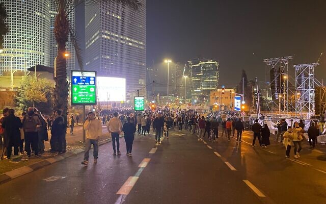 Israelis gather in Tel Aviv on January 28, 2023 during a protest against controversial government plans to give lawmakers more control of the judicial system. (Carrie Keller-Lynn/Times of Israel) Israelis gather in Tel Aviv on January 28, 2023 during a protest against controversial government plans to give lawmakers more control of the judicial system. (Carrie Keller-Lynn/Times of Israel)
