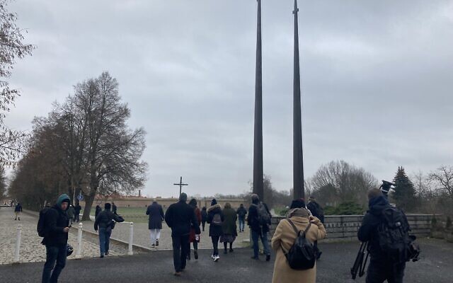 European Jewish Association delegates enter the former Theresienstadt ghetto and concentration camp, January 24, 2023. (Yaakov Schwartz/ Times of Israel)