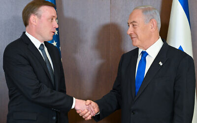 Prime Minister Benjamin Netanyahu (right) meets with US National Security Adviser Jake Sullivan in Jerusalem on January 19, 2023. (Kobi Gideon/GPO)