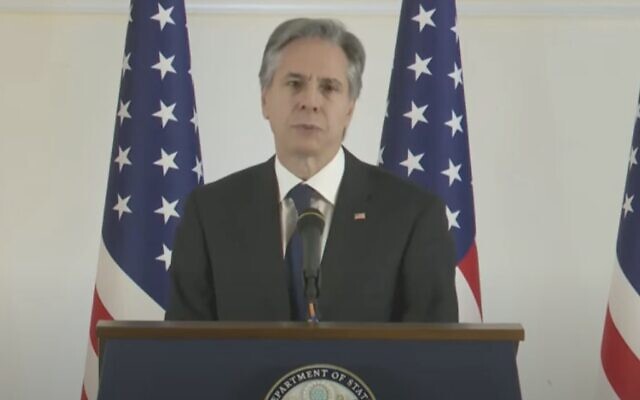 US Secretary of State Antony Blinken speaks during a press conference in Jerusalem, January 31, 2023. (Twitter screenshot; used in accordance with Clause 27a of the Copyright Law) US Secretary of State Antony Blinken speaks during a press conference in Jerusalem, January 31, 2023. (Twitter screenshot; used in accordance with Clause 27a of the Copyright Law)
