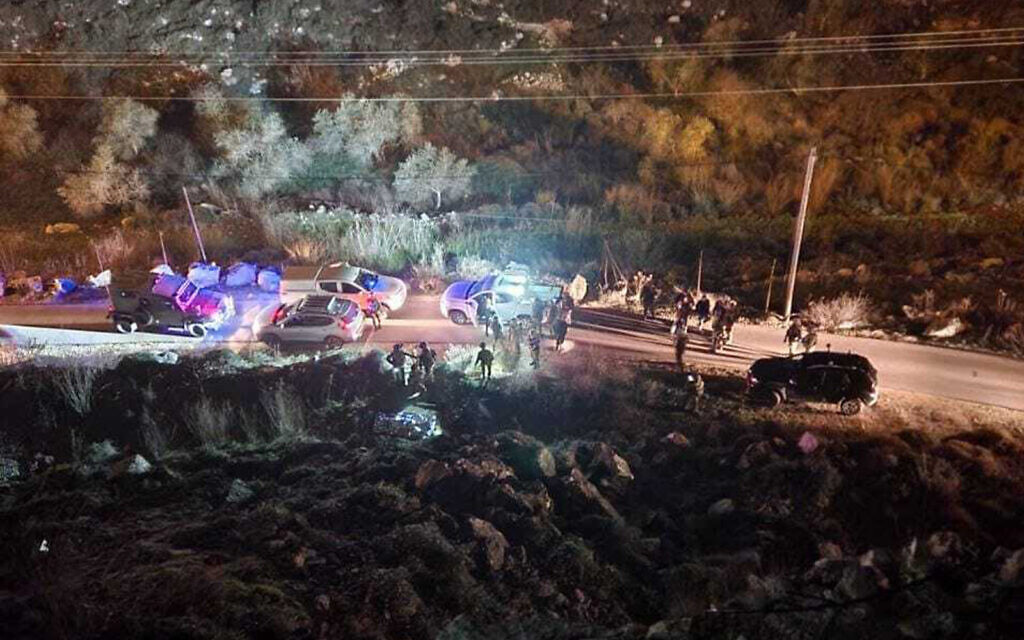 Security forces at the West Bank settlement of Kedumim after a security guard killed a Palestinian said to be armed with a handgun, January 28, 2023. (Gabi Ivgi/Courtesy)